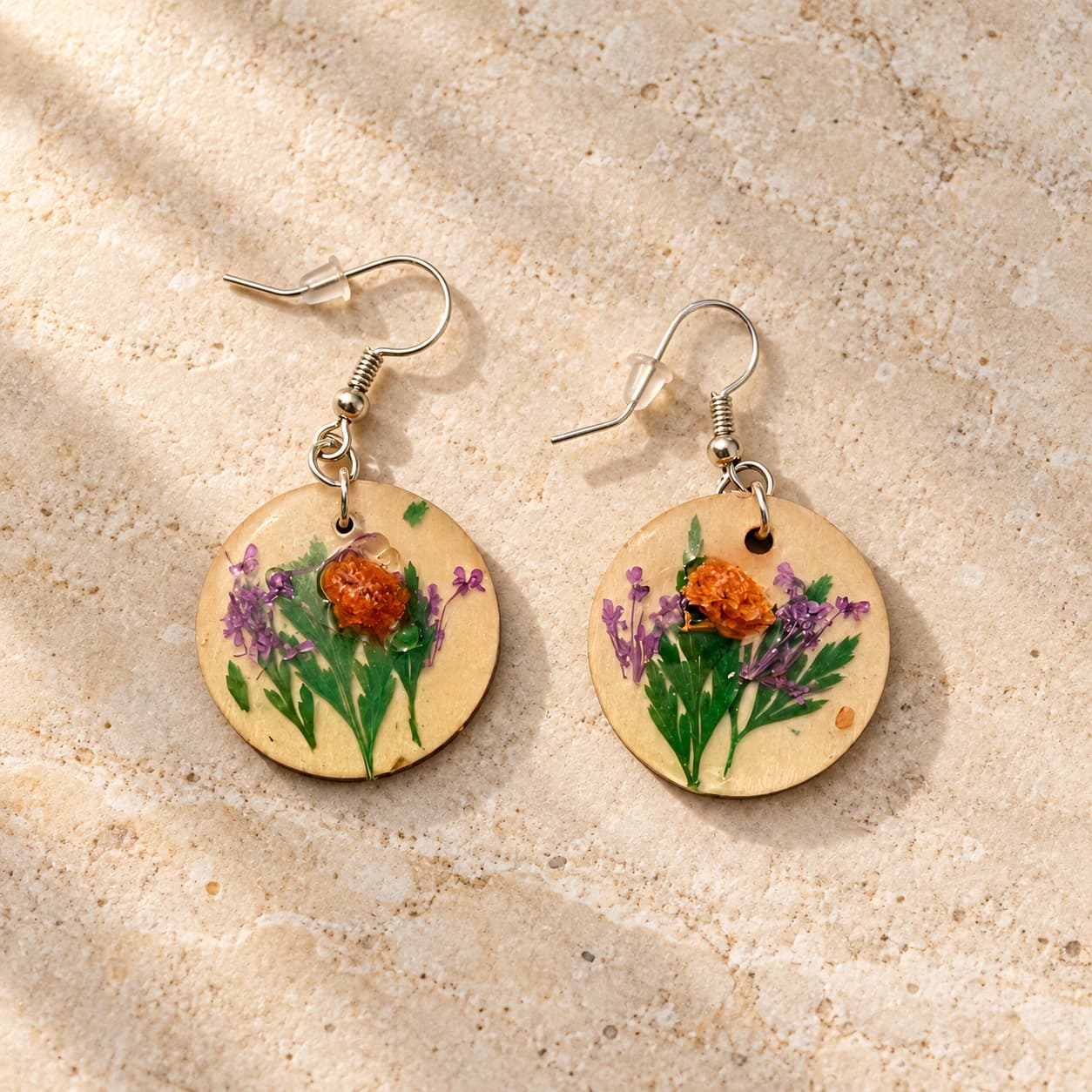 Basswood earrings with real dried flowers set in clear resin